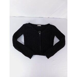 SO Sweater Womens S Black Full Zip V-Neck Chunky-Knit Slim Fit Collarless